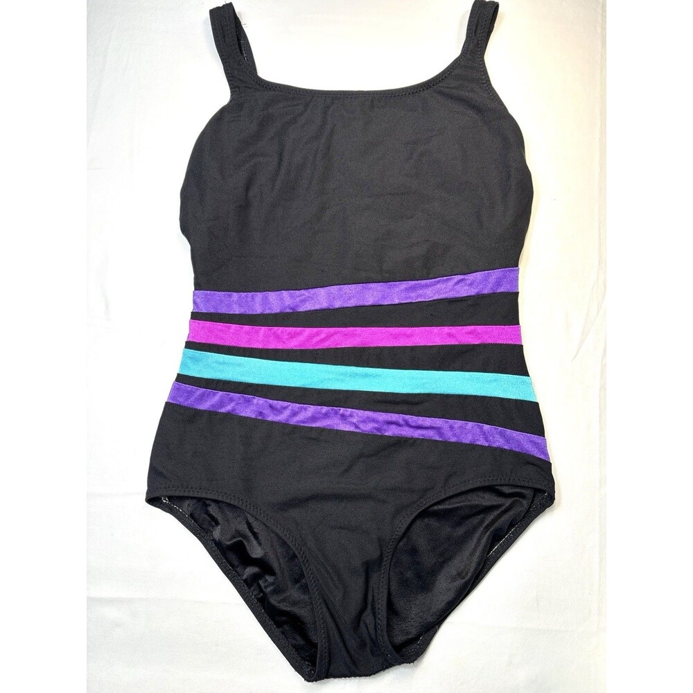 Vintage 80s 90s Neon Striped One Piece Swimsuit Size M Vaporwave Retro